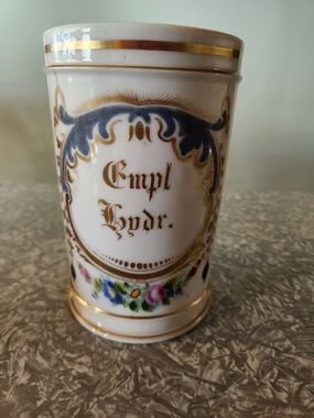 Source Unknown White Porcelain Apothecary Mug with Blue and Gold Accents